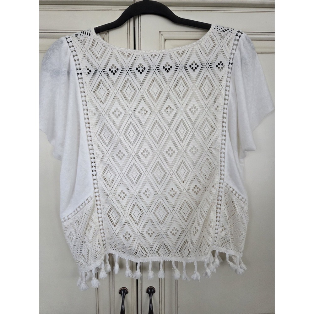 Miss Me Sheer Crochet Top Women's M Romantic Cottagecore Boho Fringe - Picture 2 of 10